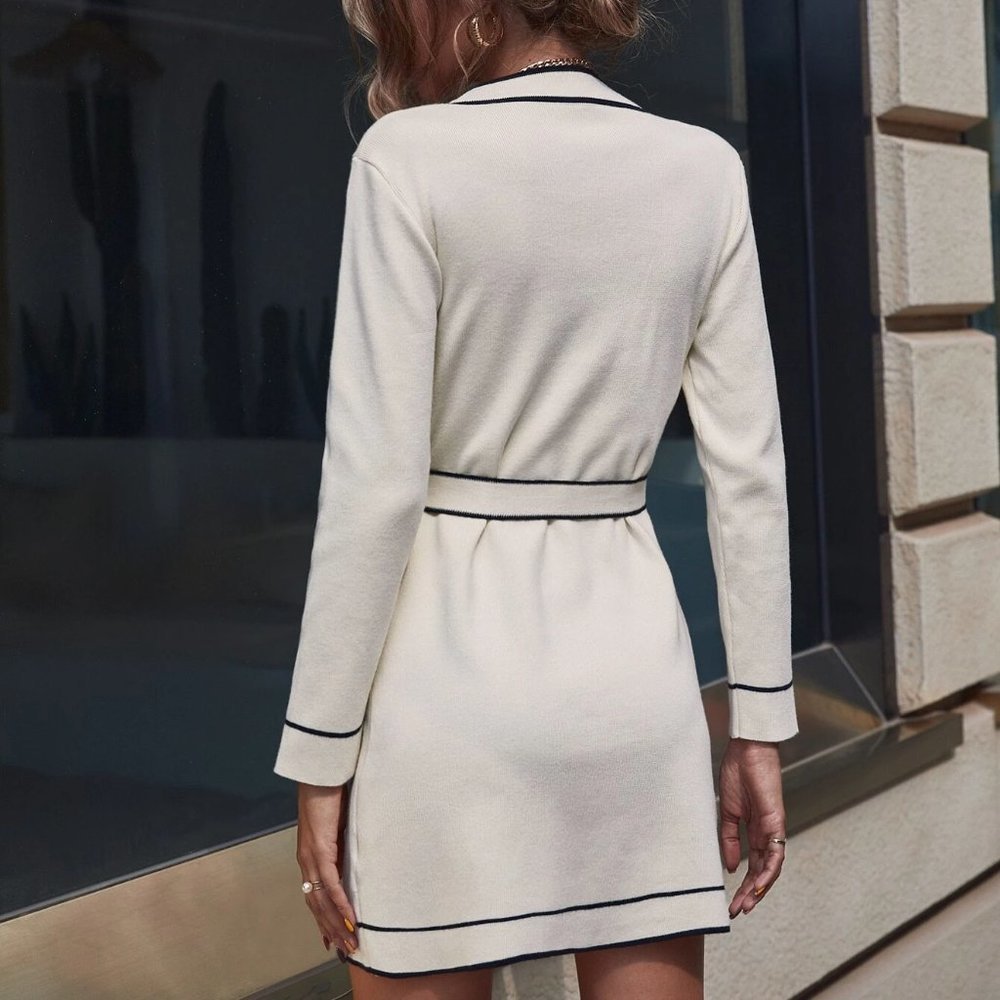 Beige Preppy Womens Contrast Piping Belted Sweater Dress - Picture 2 of 5